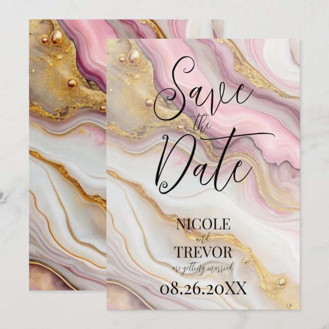 Create Your Own Custom Pink & Gold Alcohol Ink Save The Date (Front/Back)