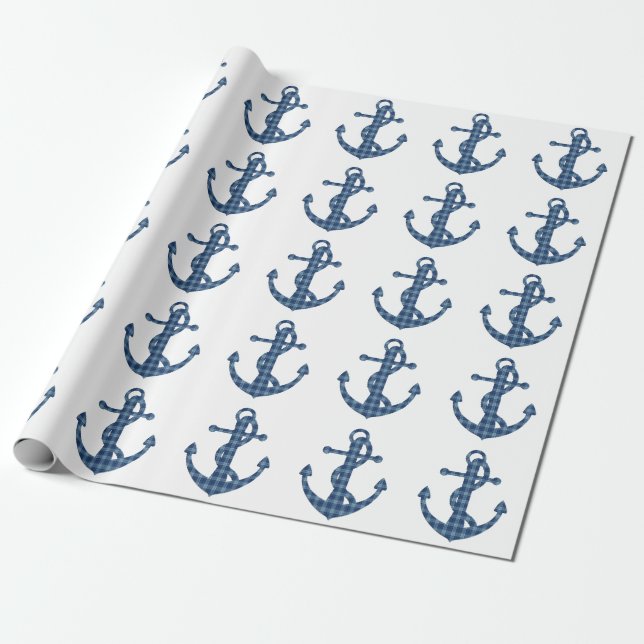 Create your own custom | Plaid tartan blue anchor Wrapping Paper (Unrolled)