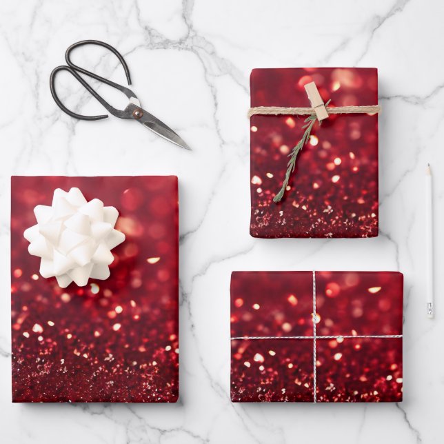 Create Your Own Custom Red Glitter Wrapping Paper Sheets (Front)