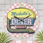 Create Your Own Custom Retro 50's Diner Sign 2 Round Clock<br><div class="desc">Create your own custom, 1950's style diner sign clock using this easy template. These cool retro clocks have a slightly distressed pink-and-white checkered background with a sign on top that says "DINER" and "OPEN" in neon with space for you to add your own first or last name - or any...</div>