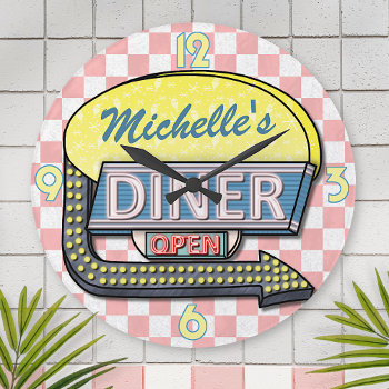 Create Your Own Custom Retro 50's Diner Sign 2 Round Clock by FancyCelebration at Zazzle