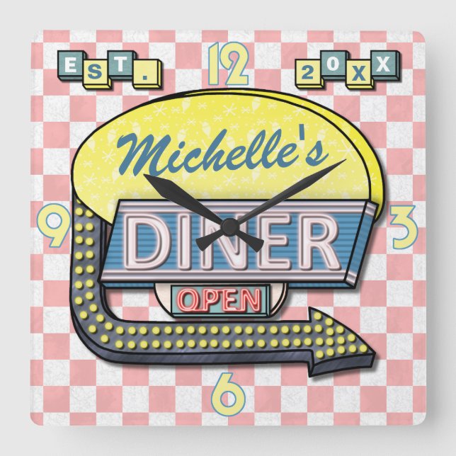 Create Your Own Custom Retro 50's Diner Sign 3 Square Wall Clock (Front)