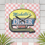 Create Your Own Custom Retro 50's Diner Sign 4 Square Wall Clock<br><div class="desc">Create your own custom, 1950's style diner sign clock using this easy template. These cool retro clocks have a slightly distressed pink-and-white checkered background with a sign on top that says "DINER" and "OPEN" in neon with space for you to add your own first or last name - or any...</div>