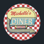 Create Your Own Custom Retro 50's Diner Sign Red Magnet<br><div class="desc">Create your own custom, 1950's style diner sign refrigerator magnet using this easy template. These cool retro magnets have a slightly distressed red-and-white checkered background with a sign on top that says "DINER" and "OPEN" in neon with space for you to add your own first or last name - or...</div>