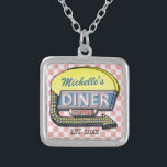 Create Your Own Custom Retro 50's Diner Sign Silver Plated Necklace<br><div class="desc">Advertise your diner everywhere you go with this cool, retro custom necklace. The design shows a 1950's style diner sign with a lighted arrow graphic and a slightly distressed pink-and-white checkered background. The sign says "DINER" and "OPEN" in neon with space for you to add your own first or last...</div>