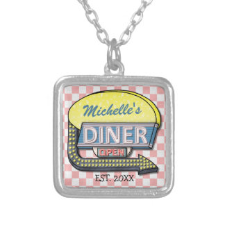Create Your Own Custom Retro 50's Diner Sign Silver Plated Necklace