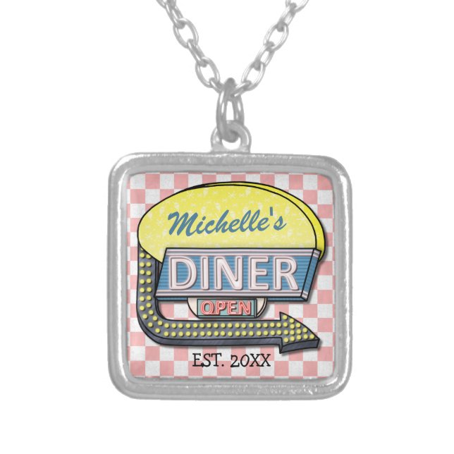 Create Your Own Custom Retro 50's Diner Sign Silver Plated Necklace (Front)