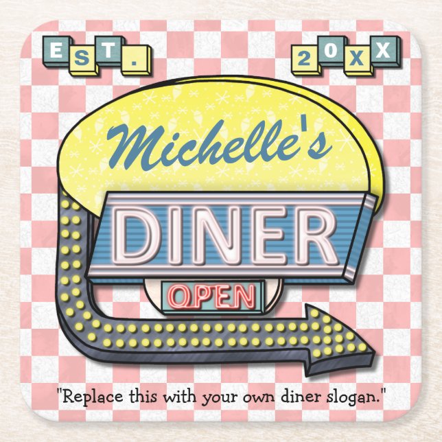 Create Your Own Custom Retro 50's Diner Sign Square Paper Coaster (Front)