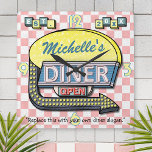 Create Your Own Custom Retro 50's Diner Sign Square Wall Clock<br><div class="desc">Create your own custom, 1950's style diner sign clock using this easy template. These cool retro clocks have a slightly distressed pink-and-white checkered background with a sign on top that says "DINER" and "OPEN" in neon with space for you to add your own first or last name - or any...</div>