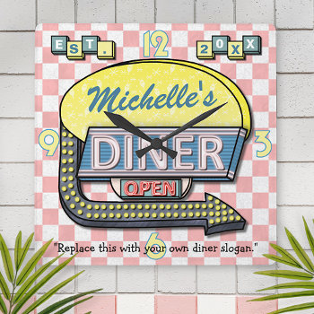 Create Your Own Custom Retro 50's Diner Sign Square Wall Clock by FancyCelebration at Zazzle