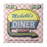 Create Your Own Custom Retro 50's Diner Sign Tile<br><div class="desc">Create your own custom, 1950's style diner sign tile coasters using this easy template. These cool retro coasters have a slightly distressed pink-and-white checkered background with a sign on top that says "DINER" and "OPEN" in neon with space for you to add your own first or last name - or...</div>