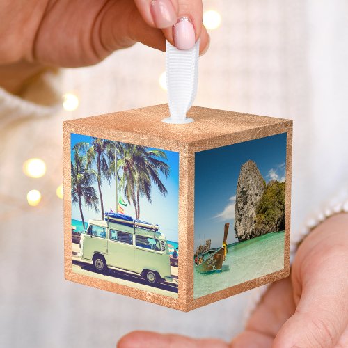 Create Your Own Custom Rose Gold Memories Photo Cube Ornament