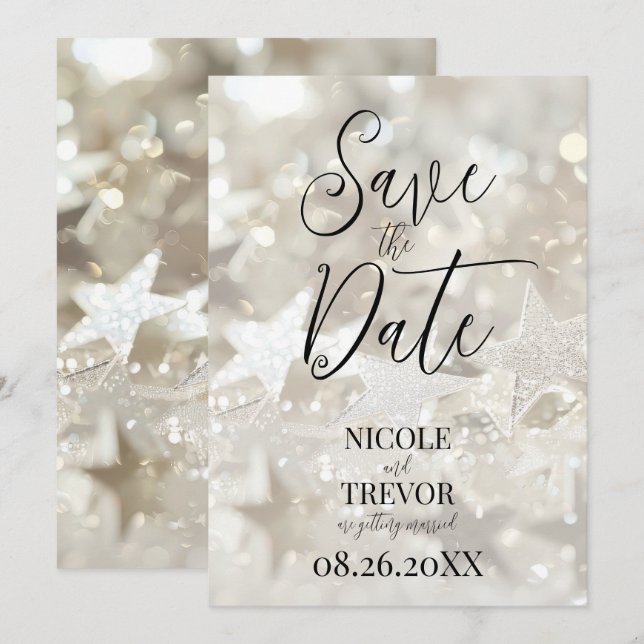 Create Your Own Custom Sparkling Ivory Stars Save The Date (Front/Back)