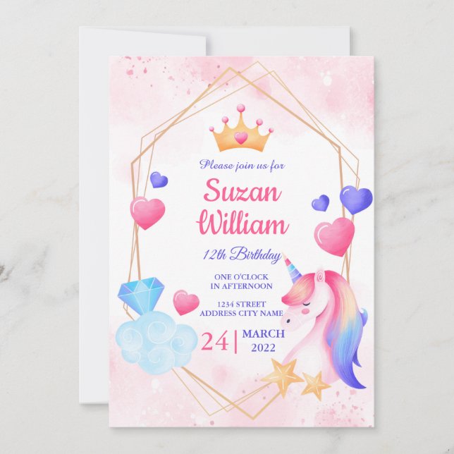 Create your own custom unicorn Birthday party Invitation (Front)