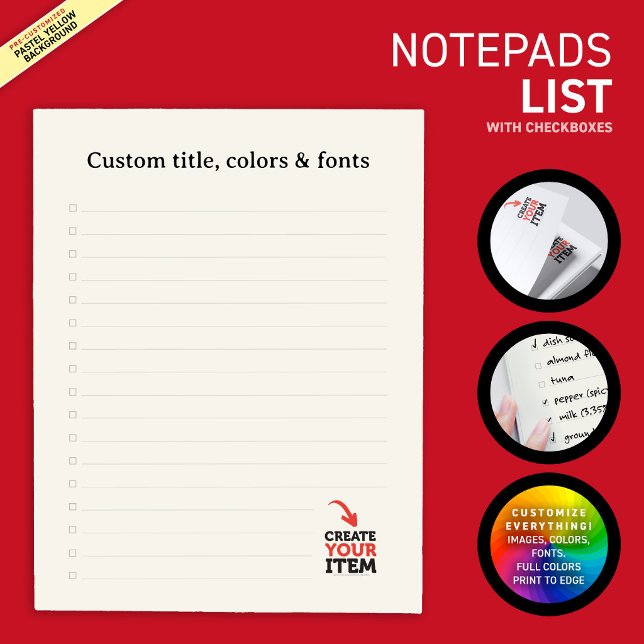 CREATE-YOUR-OWN Custom upload your design lined Notepad (Create your own to-do or grocery list. Edit texts, images, colors, fonts, and upload your own images)