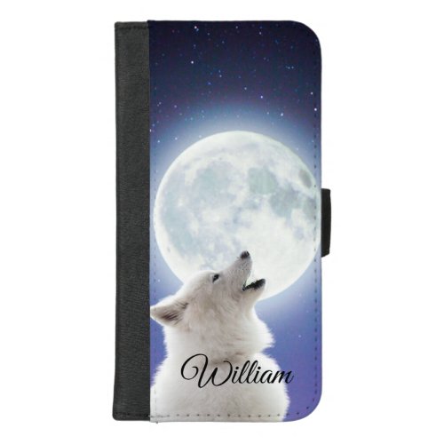 Create Your Own Cute Wolf Howls  Blue Moon Sky  iPhone 87 Plus Wallet Case
