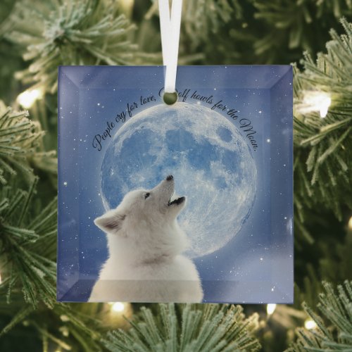 Create Your Own Cute Wolf Howls  Blue Moon Sky on Glass Ornament