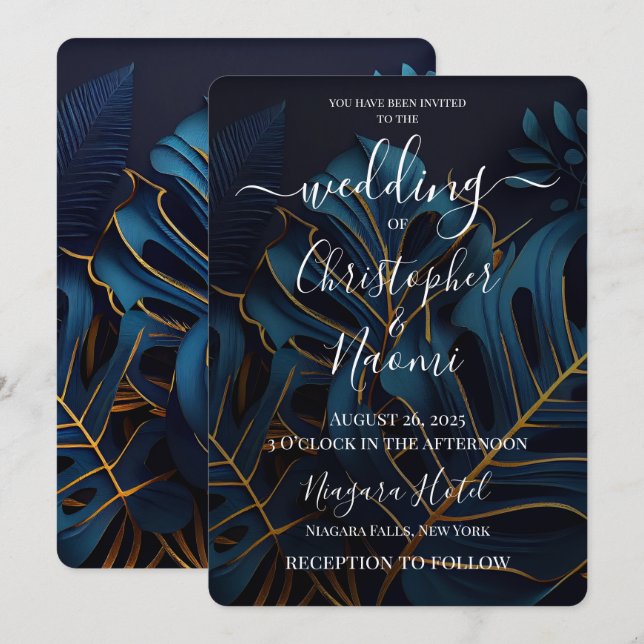 Create Your Own Dark Blue & Gold Leaves Wedding Invitation (Front/Back)