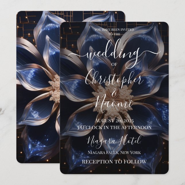 Create Your Own Dark Blue Jewel Flower Invitation (Front/Back)