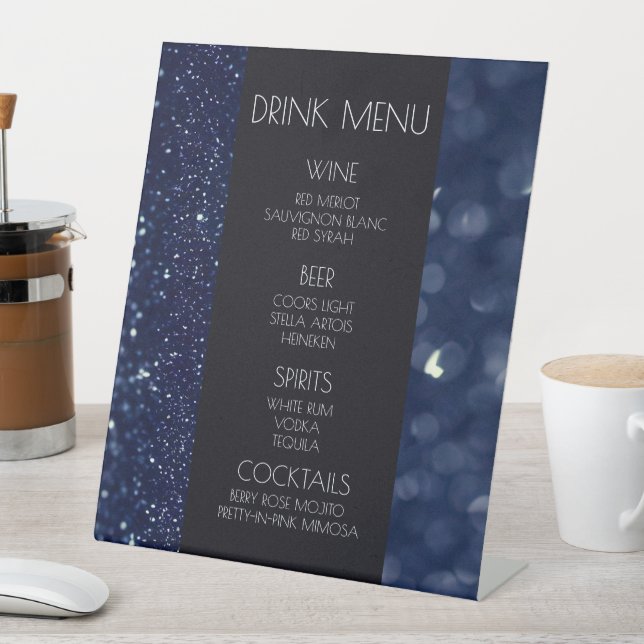 Create Your Own - Dark Blue Sparkles Drink Menu Pedestal Sign (In SItu)