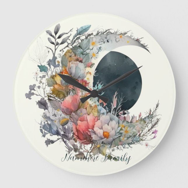 Create Your Own Dark & Light Floral Crescent Moon Large Clock (Front)