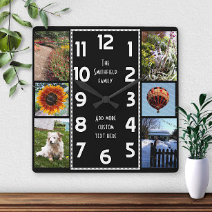 Create Your Own Deco 6 Photo Collage Black-White Square Wall Clock
