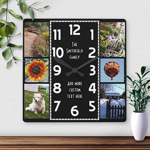 Create Your Own Deco 6 Photo Collage Black_White Square Wall Clock