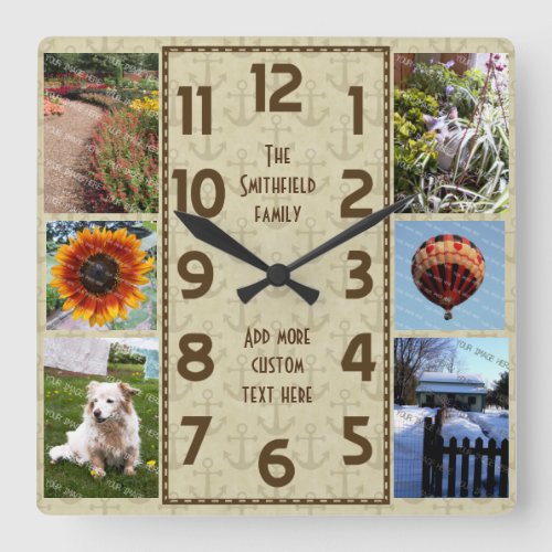 Create Your Own Deco 6 Photo Collage Brown Anchors Square Wall Clock