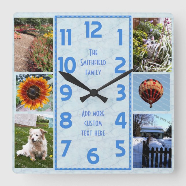 Create Your Own Deco 6 Photo Collage Marbled Blue Square Wall Clock (Front)