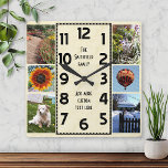 Create Your Own Deco 6 Photo Collage Marbled Square Wall Clock<br><div class="desc">Make your own personalized photo collage clock with this easy template. This square clock has black numbers lined up in the middle in a deco-style long rectangle and a light beige-brown slightly marbled background. Along the edges, there's room for you to add six of your own favorite photographs: 4 5x7...</div>