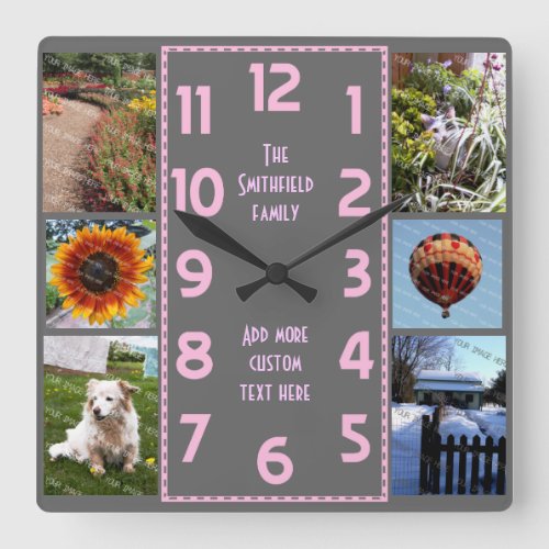 Create Your Own Deco 6 Photo Collage Pink Gray Square Wall Clock