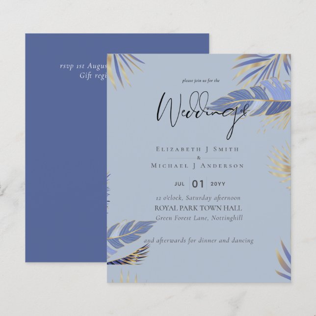 Create Your Own Dusty Blue TROPICAL Leaf Wedding (Front/Back)
