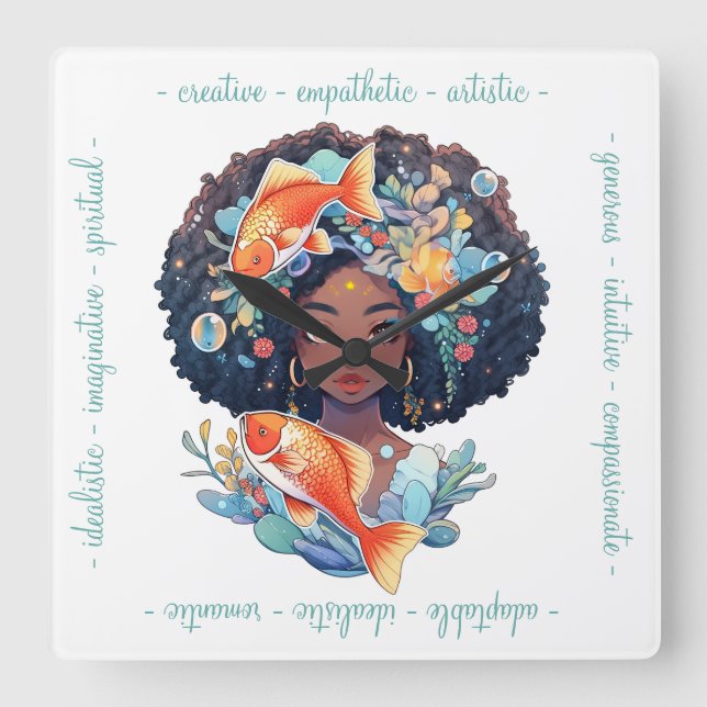 Create Your Own Elegant Black & White Pisces Square Wall Clock (Front)