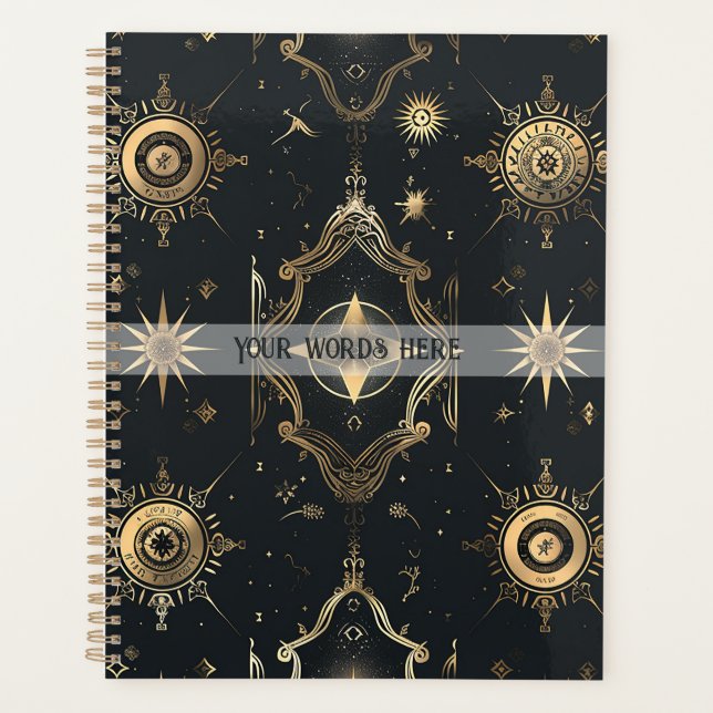 Create Your Own Elegant Gold Fairy Stars Black Planner (Front)