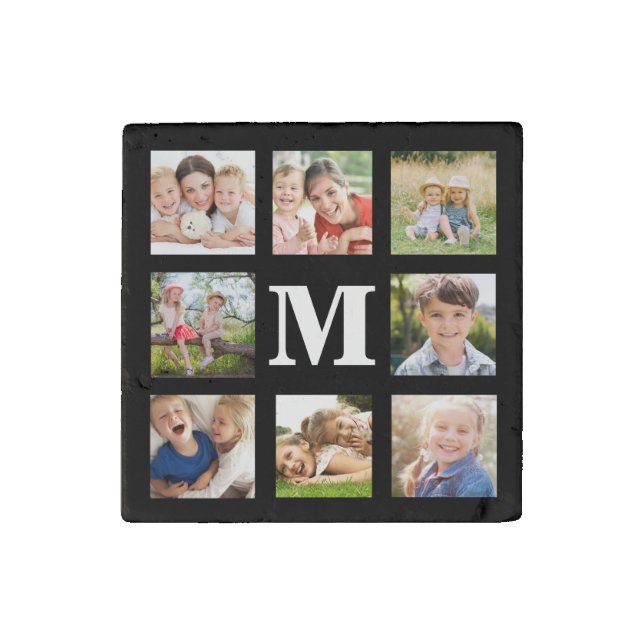 Create your Own Family 8 Photo Collage Black  Stone Magnet (Front)