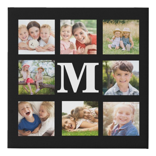 Create your Own Family 8 Photo Collage Black White Faux Canvas Print (Front)