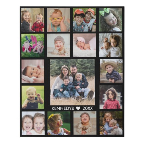 Create Your Own Family Name 17 Photo Collage Black Faux Canvas Print