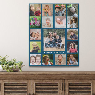 Create Your Own Family Name 17 Photo Collage Blue Faux Canvas Print