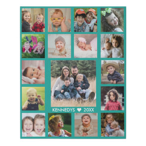 Create Your Own Family Name 17 Photo Collage Teal Faux Canvas Print