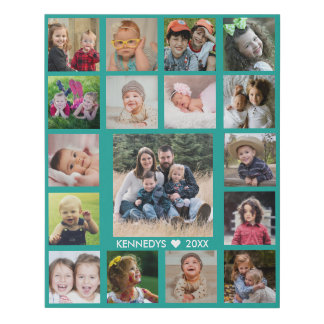 Create Your Own Family Name 17 Photo Collage Teal Faux Canvas Print