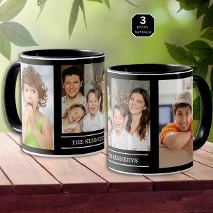 Create Your Own Family Name 3 Photo Collage Black Mug