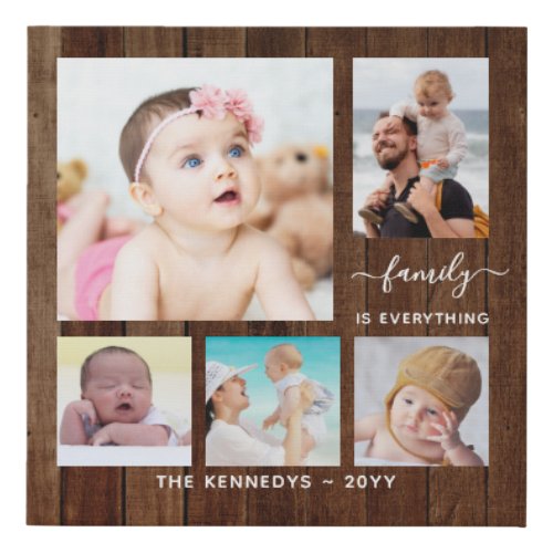 Create Your Own Family Name 5 Photo Collage Wood Faux Canvas Print