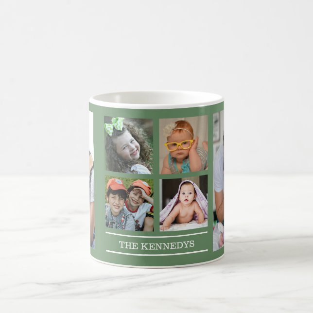 Create Your Own Family Name 6 Photo Collage Green Coffee Mug (Center)