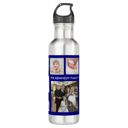 Create Your Own Family Name 9 Photo Collage Blue Stainless Steel Water Bottle