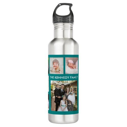 Create Your Own Family Name 9 Photo Collage Teal Stainless Steel Water Bottle