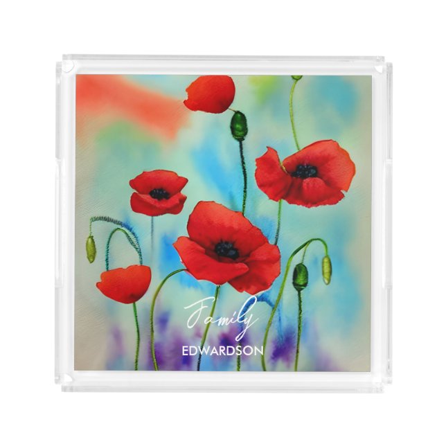 Create your own Family name floral poppies Acrylic Tray (Front)