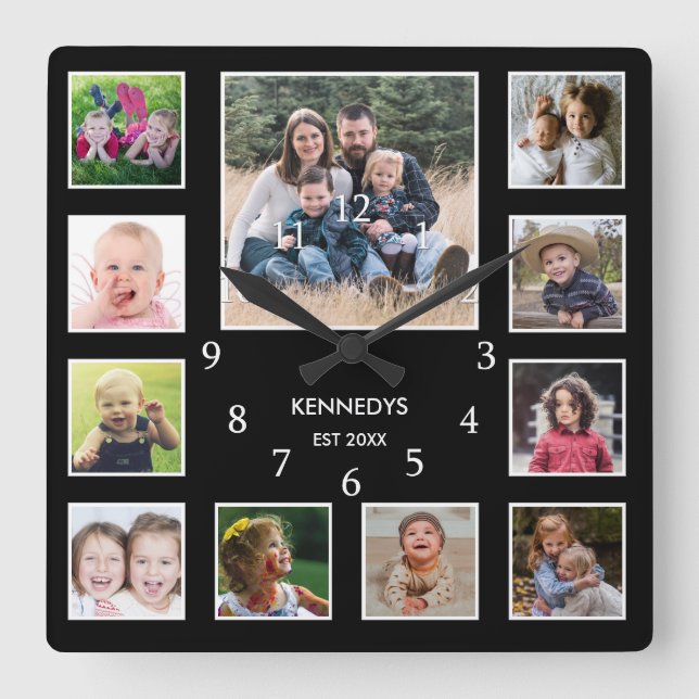 Create Your Own Family Name Photo Collage Black Square Wall Clock (Front)