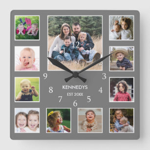 Create Your Own Family Name Photo Collage Gray Square Wall Clock