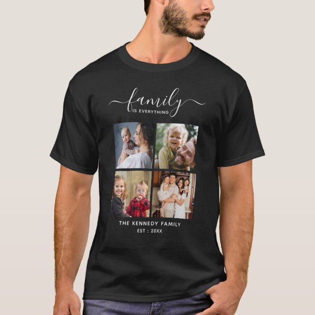 Create Your Own Family Name Quote 4 Photo Collage T-Shirt (Front)