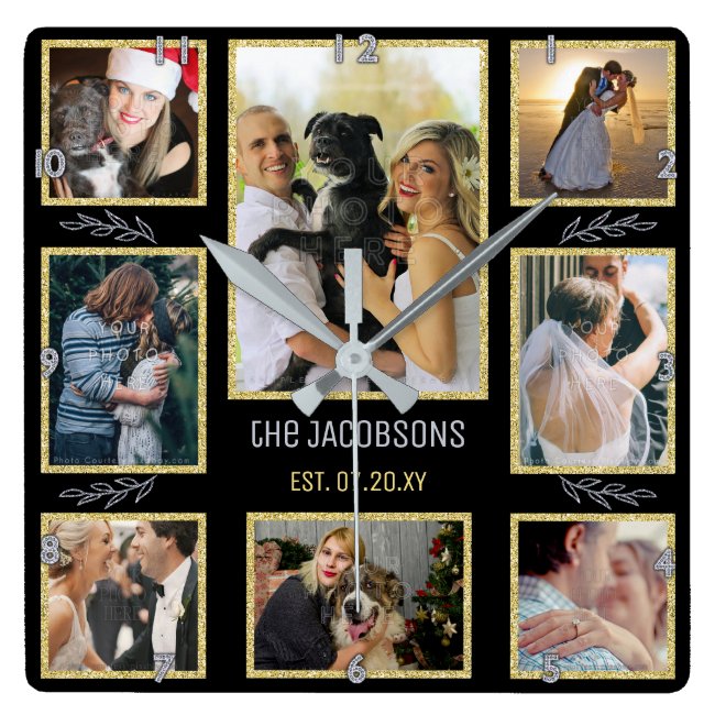 Create Your Own Family or Wedding 8 Photo Collage Square Wall Clock